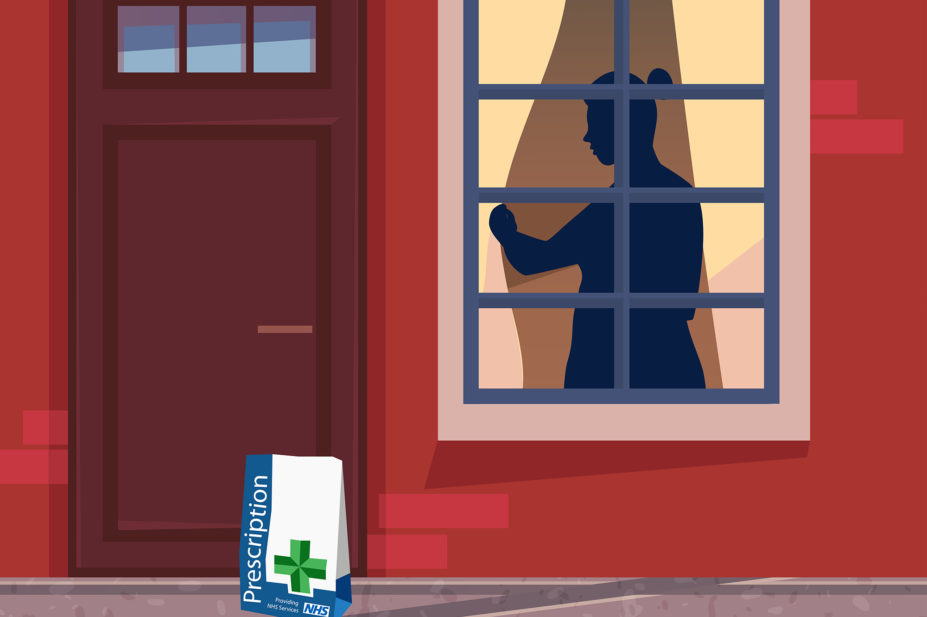 Woman looking out of window at medication delivery