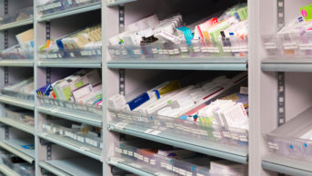 medicines on dispensary shelves