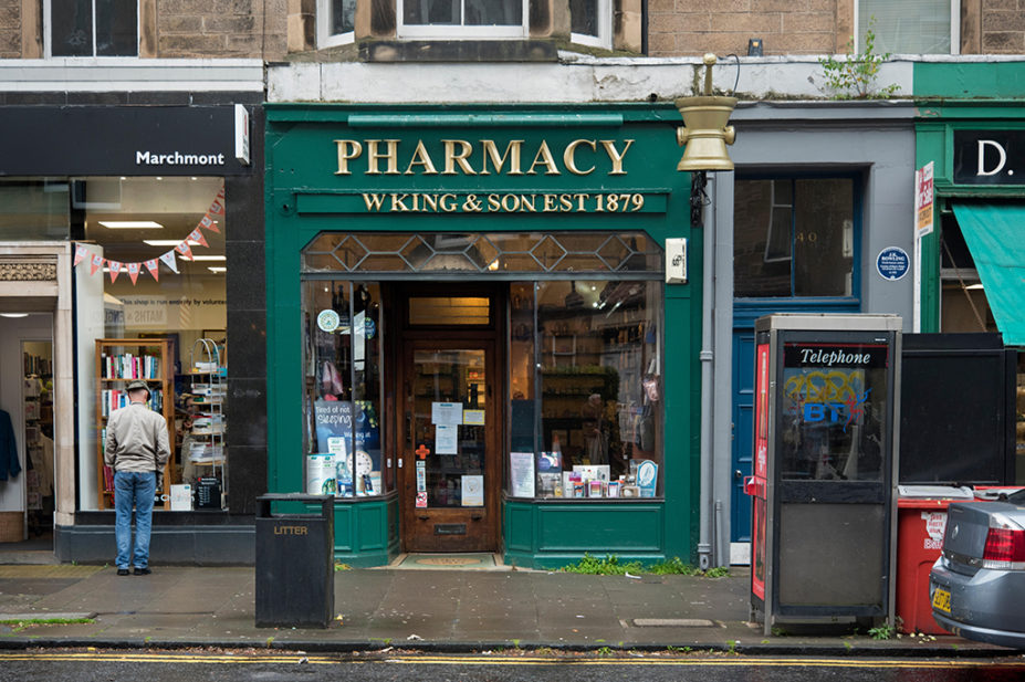 W King & Son, Est 1879, a traditional independent Pharmacy store in Marchmont Road, Edinburgh, Scotland, UK