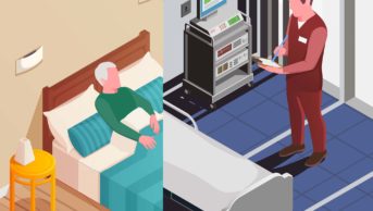 Illustration showing one half of a man in his bed at home, and one half in a hospital, to depict the concept of 'hospital at home'