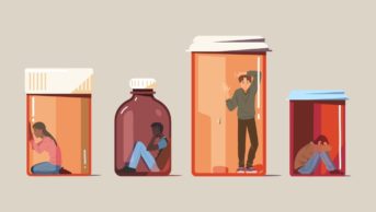 Illustration showing people trapped inside medicine bottles