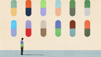 Illustration of a sad man standing with pills in the background