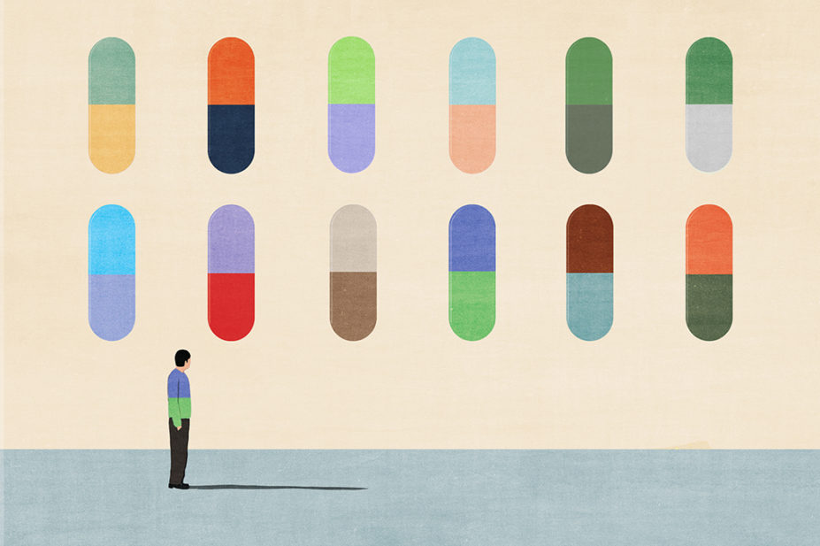 Illustration of a sad man standing with pills in the background