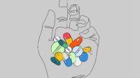 illustration of hand holding different coloured pills