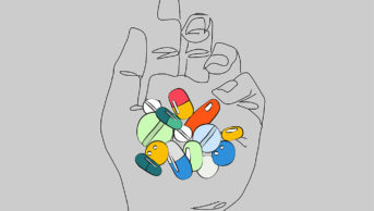 illustration of hand holding different coloured pills
