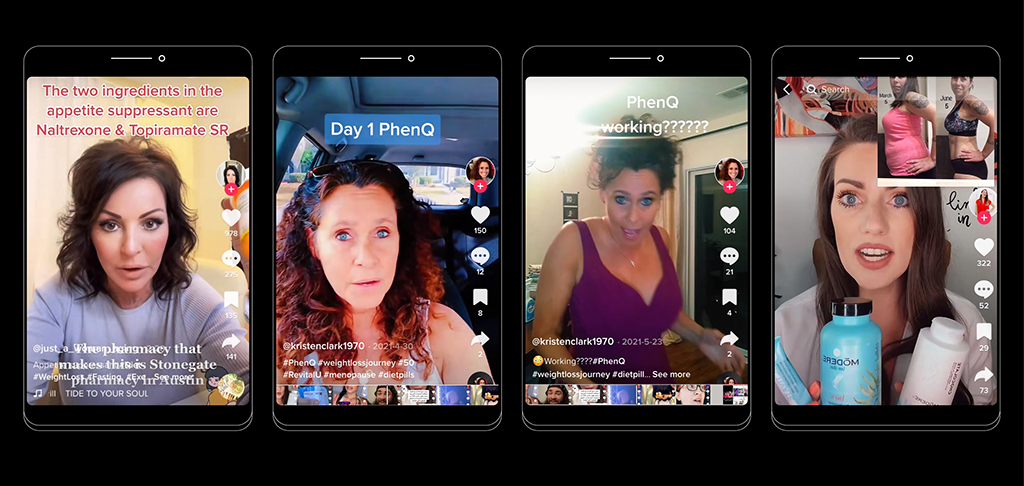 Figure 1: A selection of posts taken from TikTok discussing specific products for weight loss
Far left: The user discusses the action of naltrexone and topiramate and how they help to curb appetite weight loss and says she will update viewers on how she gets on (this is one in a series of videos); 
Second from left: @kristenclark1970 discusses day 1 of taking PhenQ "the PhenQ seemed to give me energy...been thirsty all day so have been drinking a lot more water...a good first day";
Second from right: @kristenclark1970 highlights how 19 days into taking PhenQ she has lost enough weight to fit into a dress she previously couldn't zip up;
Far right: @kadythompson discusses how the 'lean body system' works saying the first product, 'Trim', inhibits fat storage and shrinks fat cells to enable the user to 'lean out', the second, 'Burn', is a thermogenic which curbs appetite and increases body temperature to 'burn more calories' and the third is an 'aloe vera cleanse' to help 'detoxify the gut', she then adds that the link to buy is 'in her bio'