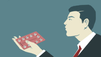 Illustration of a man holding male contraceptive pills