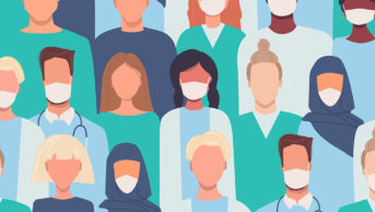 illustration of faces of healthcare staff with some in masks