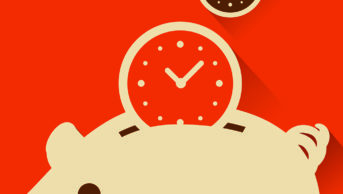 Clock faces going into a piggy bank, depicting saving time