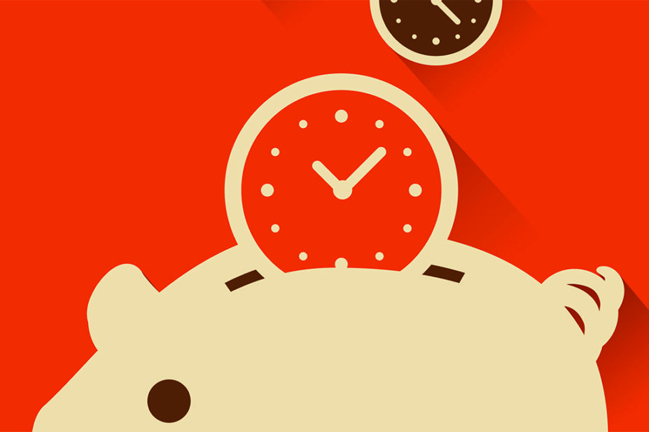 Clock faces going into a piggy bank, depicting saving time