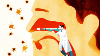 Illustration showing a man inside someone's nose with a nasal vaccine device, attacking viruses on the outside