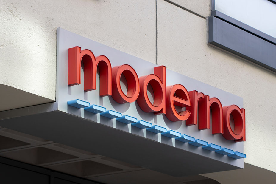 Moderna logo is seen at the entrance to its headquarters in Cambridge, Massachusetts