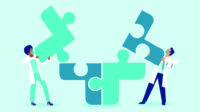 Medical workers putting puzzle pieces together, teamwork concept