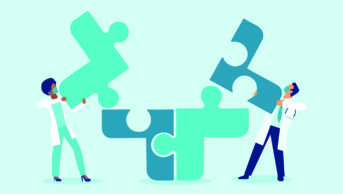 Medical workers putting puzzle pieces together, teamwork concept