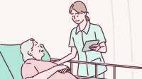 Illustration of a pharmacist prescriber helping a woman in a care home
