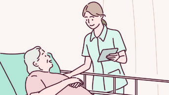 Illustration of a pharmacist prescriber helping a woman in a care home