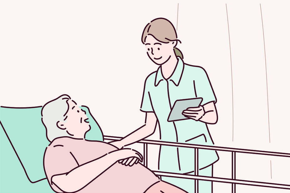 Illustration of a pharmacist prescriber helping a woman in a care home