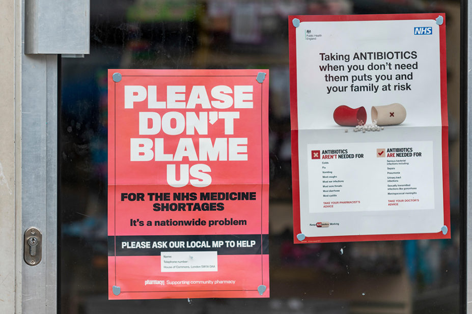 NHS medicine shortages. Poster in window of chemist