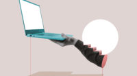 Illustration of a hand holding a laptop, showing concept of climbing the career ladder to digital technology