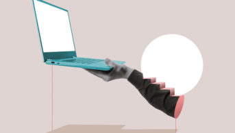 Illustration of a hand holding a laptop, showing concept of climbing the career ladder to digital technology