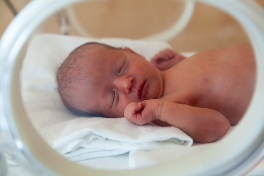 Premature newborn baby in the hospital incubator