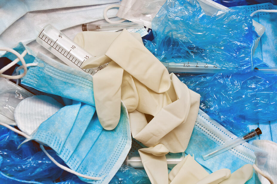 Medical plastic waste in a bin