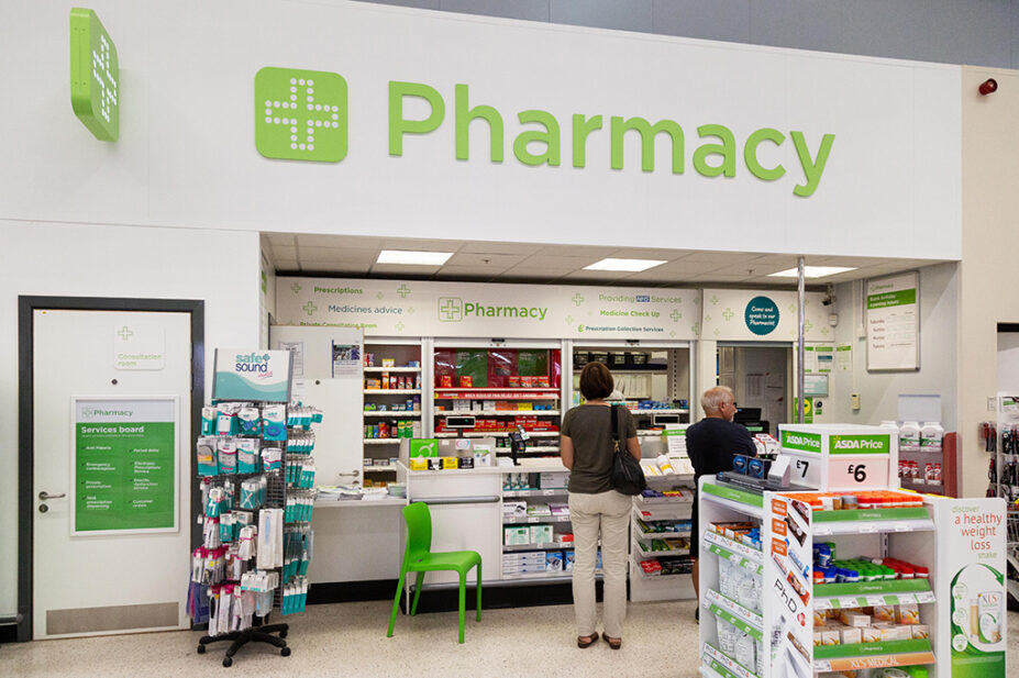 asda in-store pharmacy with customers waiting at counter