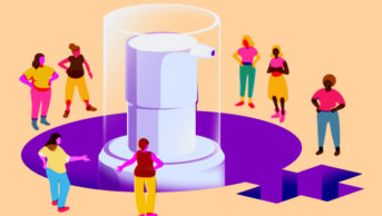 Illustration showing woman standing around a giant testosterone gel bottom, including a female symbol