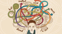 Illustration showing a woman with a web of thoughts above her head