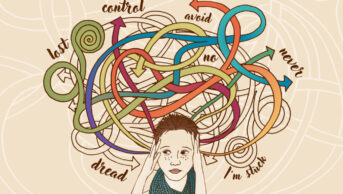 Illustration showing a woman with a web of thoughts above her head