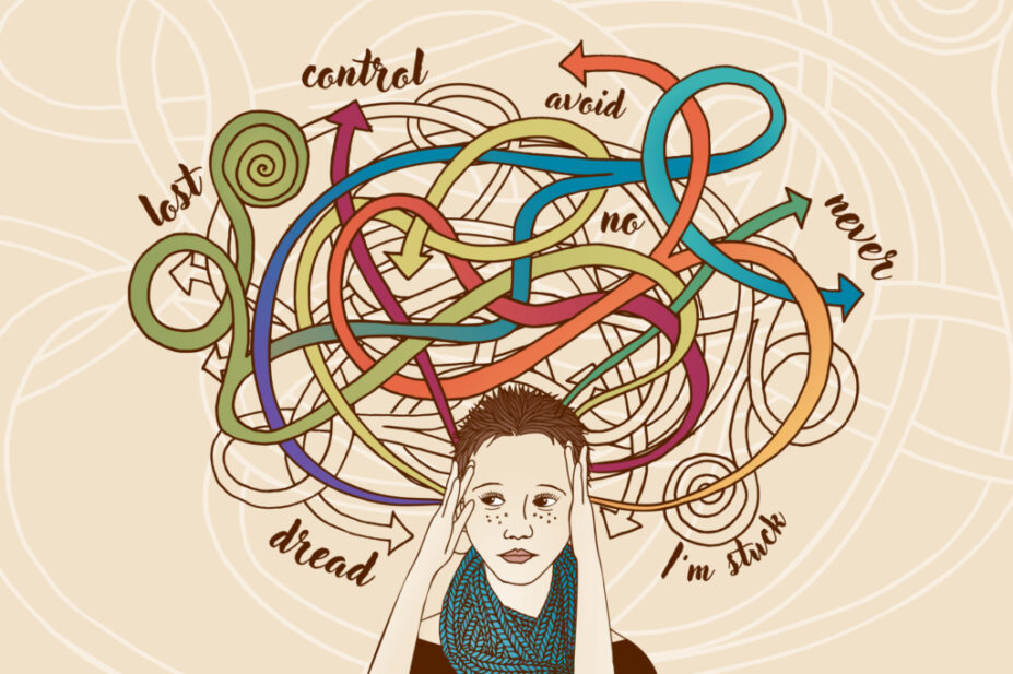 Illustration showing a woman with a web of thoughts above her head
