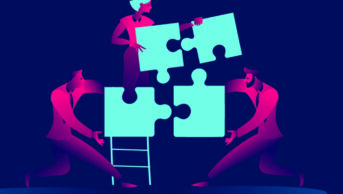 Illustration showing people building a structure with jigsaw pieces, teamwork concept