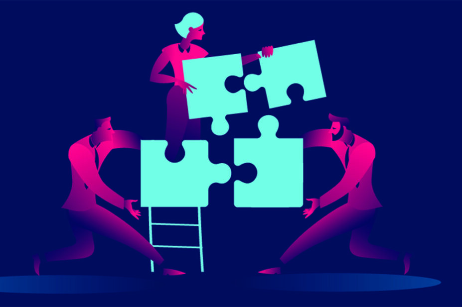 Illustration showing people building a structure with jigsaw pieces, teamwork concept