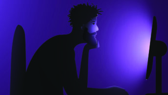 illustration of man sat at computer in dark room lit by glow of screen