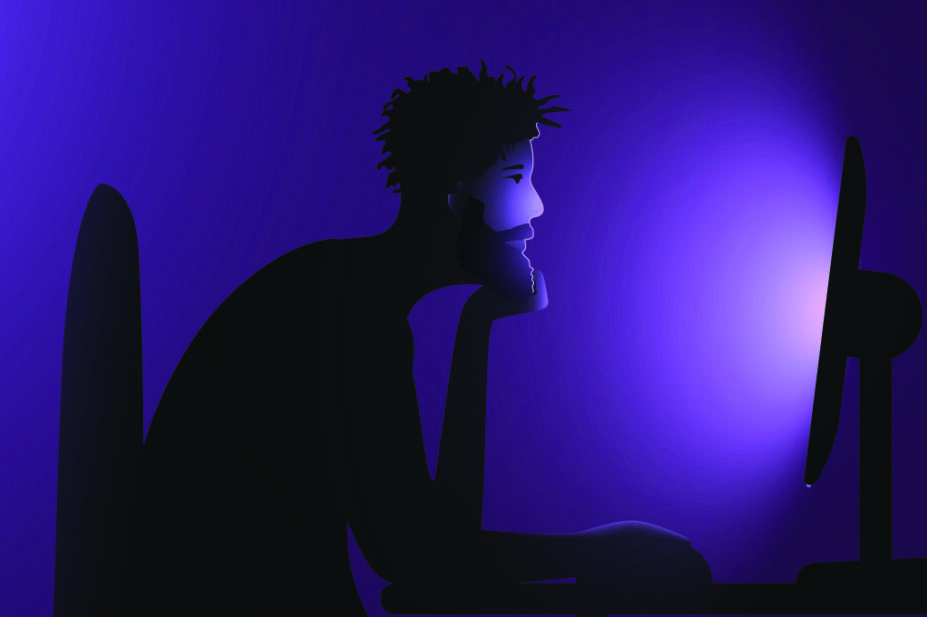 illustration of man sat at computer in dark room lit by glow of screen