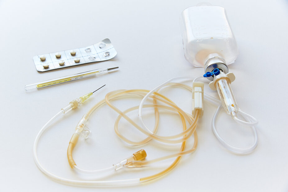 IV bag with blister pack of tablets