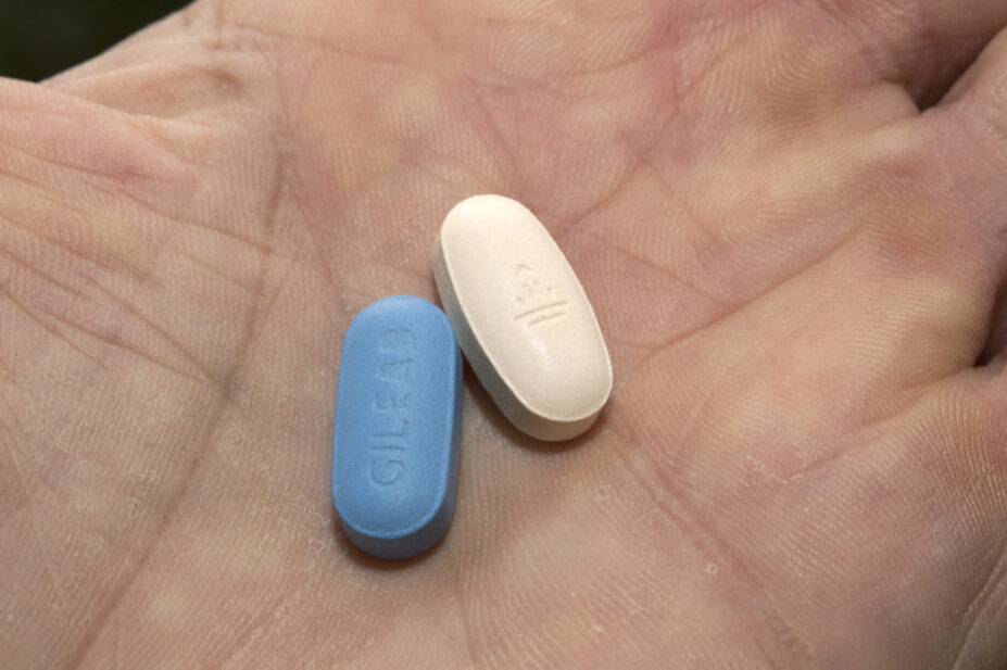 Tablets of the antiretroviral drugs nevirapine (white) and tenofovir (blue), used to treat AIDS