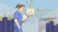 Illustration of a nurse walking through a hospital manifold room, with visibly leaking gas clouds.