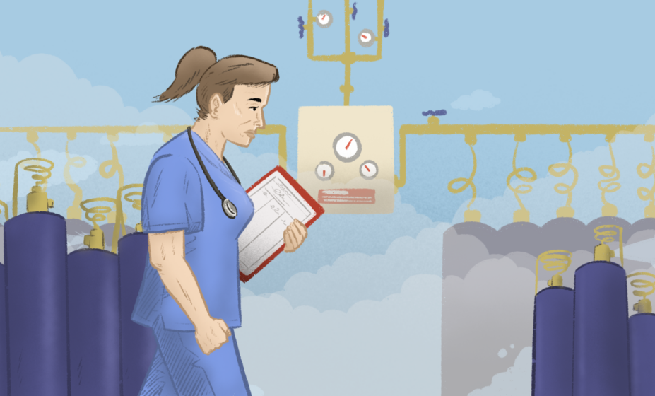 Illustration of a nurse walking through a hospital manifold room, with visibly leaking gas clouds.