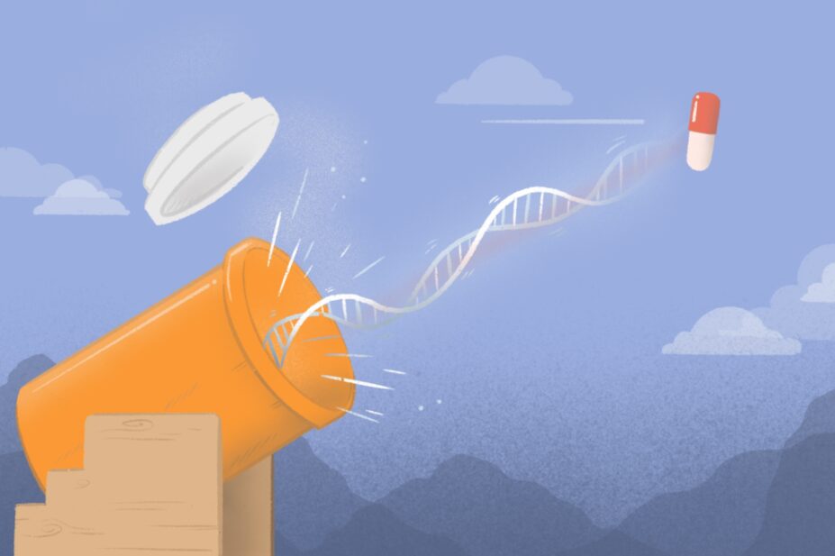 Illustration of a cannon made out of a pill bottle firing a tablet with a DNA trail
