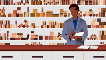 Illustration of a pharmacist with a diverse selection of boxes behind them in different skin tones.