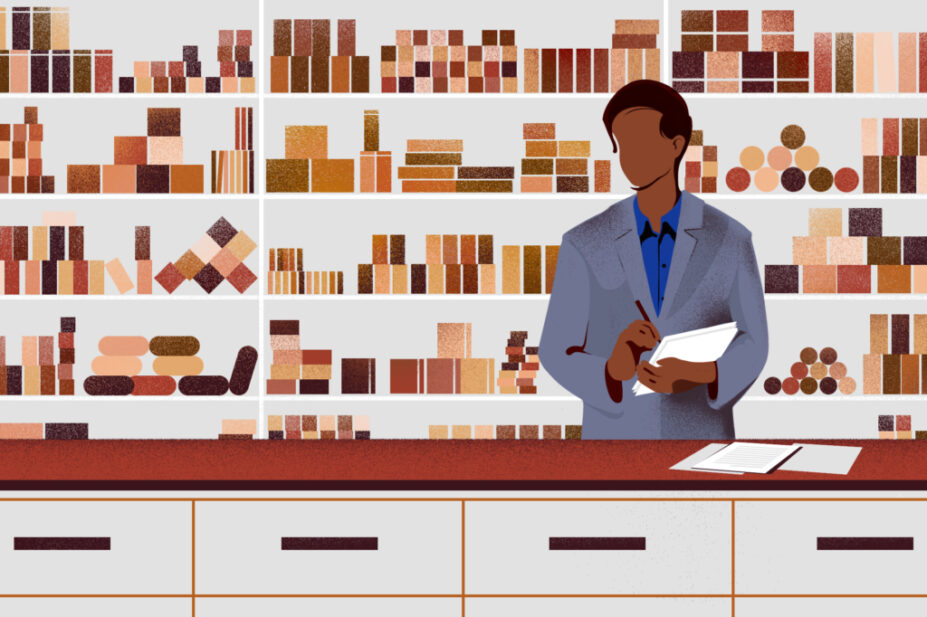 Illustration of a pharmacist with a diverse selection of boxes behind them in different skin tones.