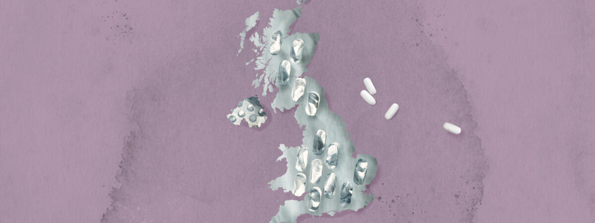 An image of the UK made out of empty tablet blister packs.