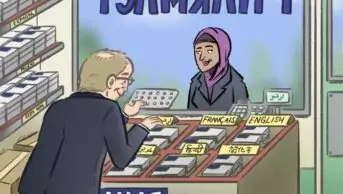 Illustration of a woman being served at a pharmacy that is well stocked with prescription boxes in many languages