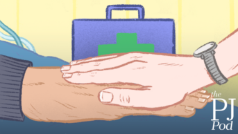A younger hand rests on an older, bed-ridden person's hand, with a blue case with a green cross visible in the background.