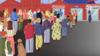 Illustration of two long queues into a GP and pharmacy, with a third building 