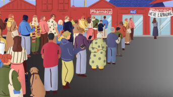 Illustration of two long queues into a GP and pharmacy, with a third building 