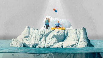 Collage of a mother with child on top of an iceberg, receiving an ADHD diagnosis from a doctor, a holy light shining on a pill descending from the heavens