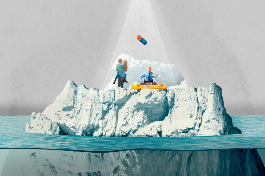 Collage of a mother with child on top of an iceberg, receiving an ADHD diagnosis from a doctor, a holy light shining on a pill descending from the heavens