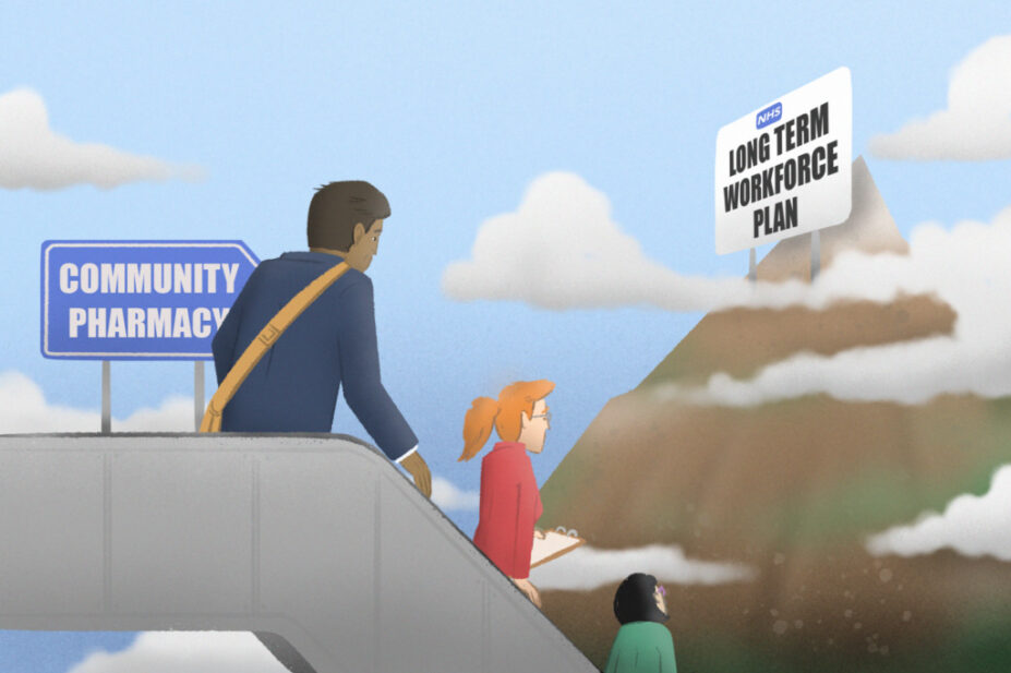 Illustration of a group of pharmacists on a down escalator with a sign pointing to community pharmacy, while a mountainous peak in the distance announces the NHS' Long Term Workforce Plan